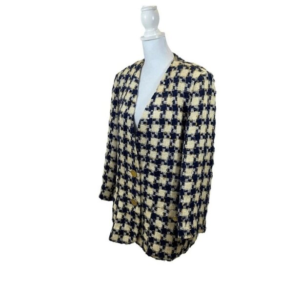 Vintage Jaeger Brand Brocade Navy and Ivory Houndstooth Plaid Blazer Size 6 - Picture 1 of 16